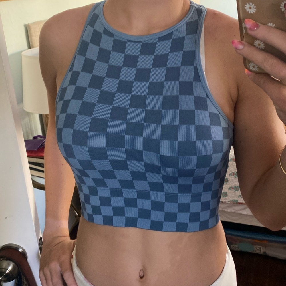 Checkered blue racer back cropped tank